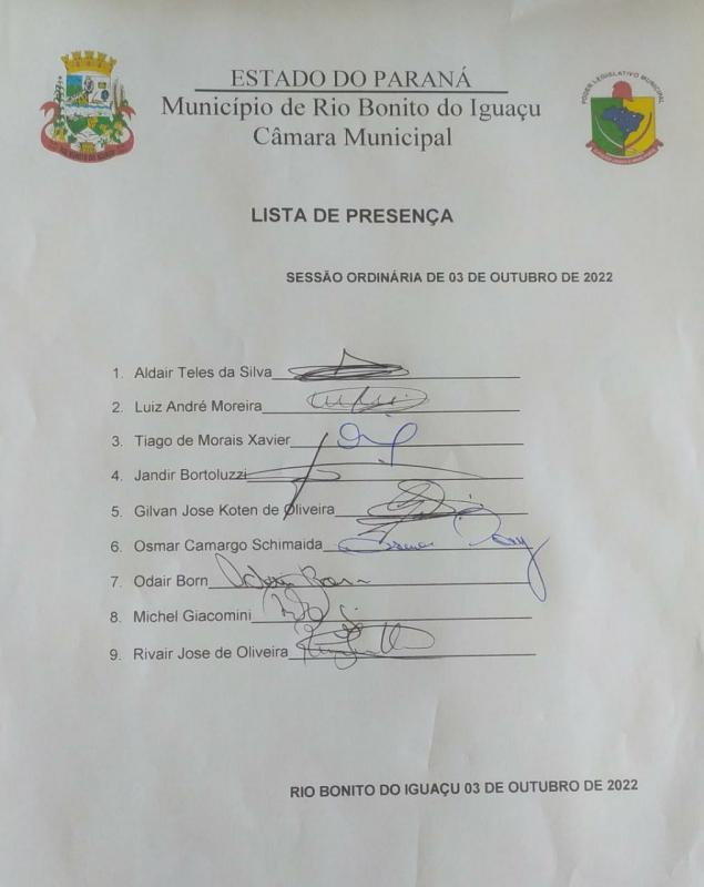 Lista de Presença dos vereadores dia 03 de Outubro 2022